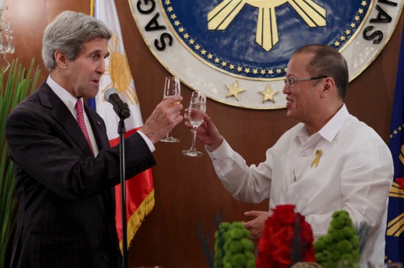 U.S. Secretary of State John Kerry with Philippine President Benigno S. Aquino III during Kerry's visit to Manila inDecember to negotiate for an "increased rotational presence" of U.S. troops in the Philippines.                 Photo from the Malacañang Photo Bureau.